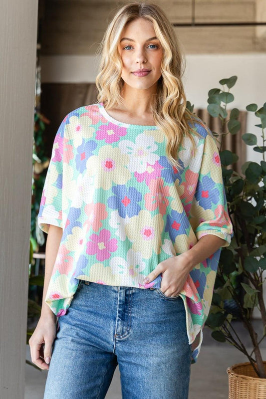 HOPELY Floral Waffle Oversized T-Shirt Mint Yellow Floral