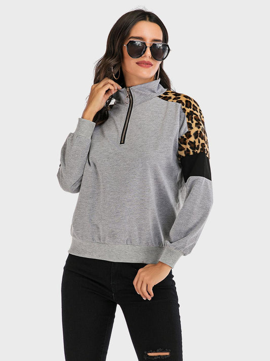 Perfee Contrast Leopard Half Zip Long Sleeve Sweatshirt Gray