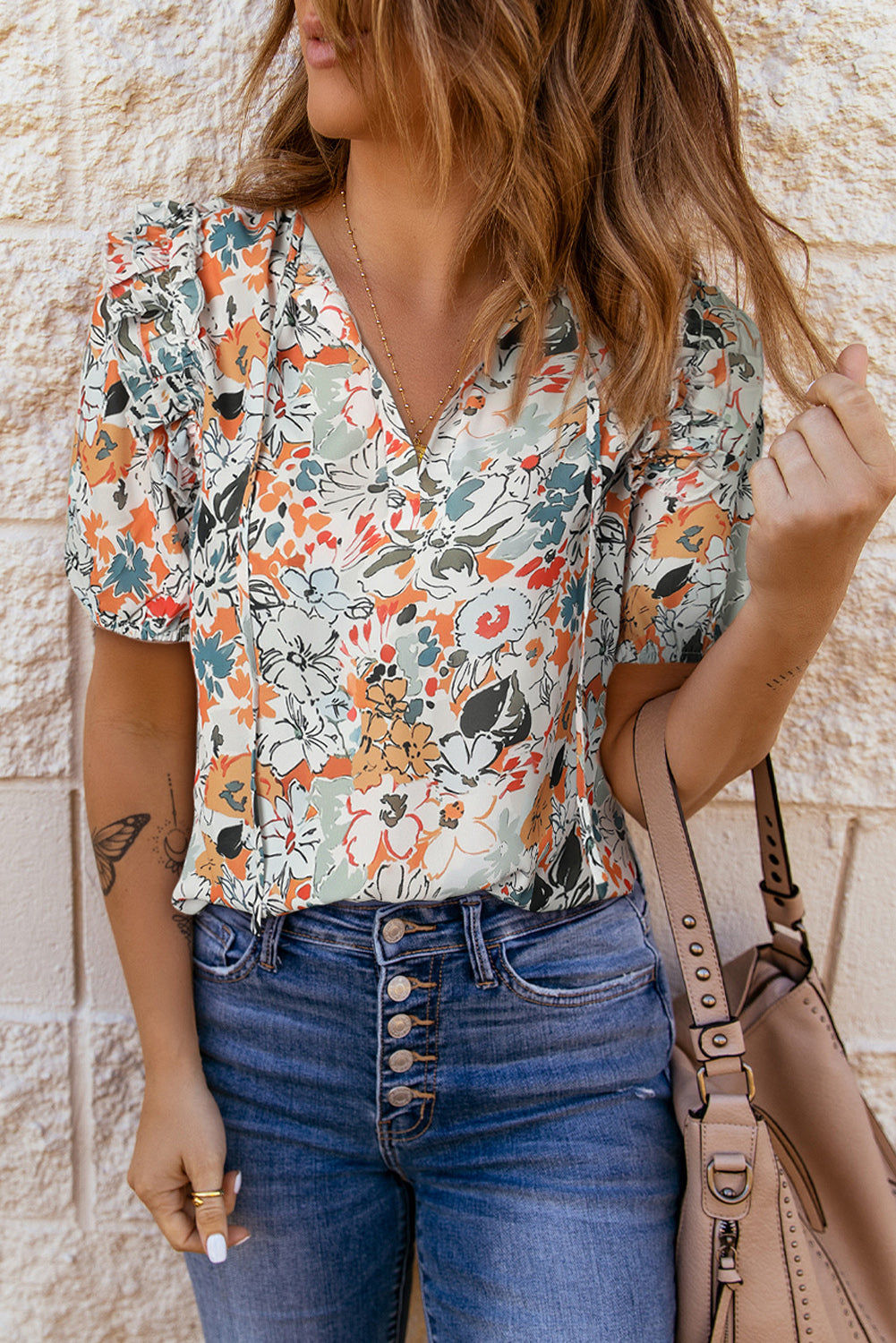 Floral Tie Neck Shoulder Detail Blouse Floral