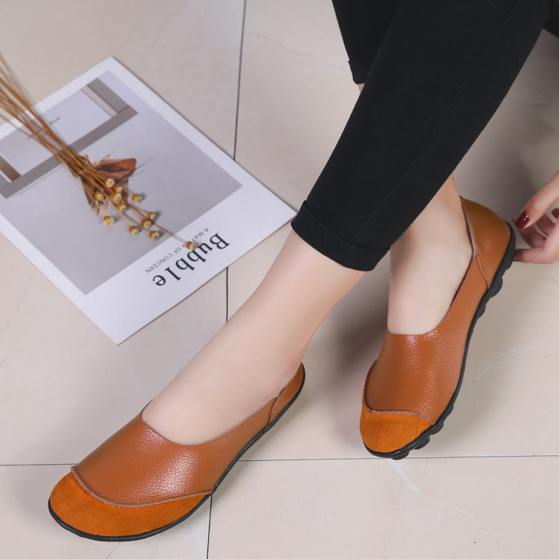Women's Korean Casual Slip-On Loafers | Low Heel Round Toe Leather Shoes