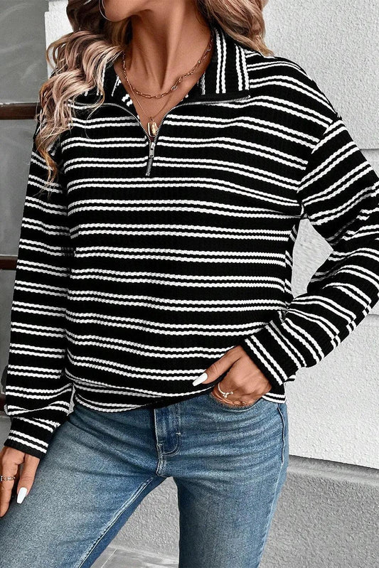 Striped Half Zip Long Sleeve Top Black