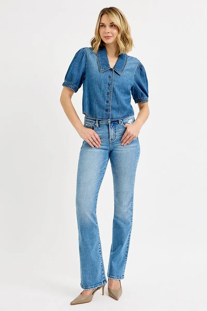 RISEN Button Down Puff Sleeve Crop Denim Shirt MEDIUM