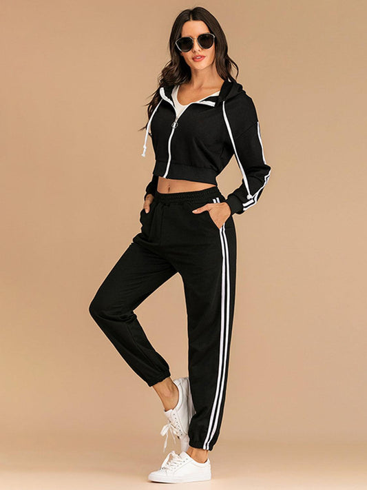 Perfee Drawstring Side Stripe Zip Up Hooded Top and Pants Set Black