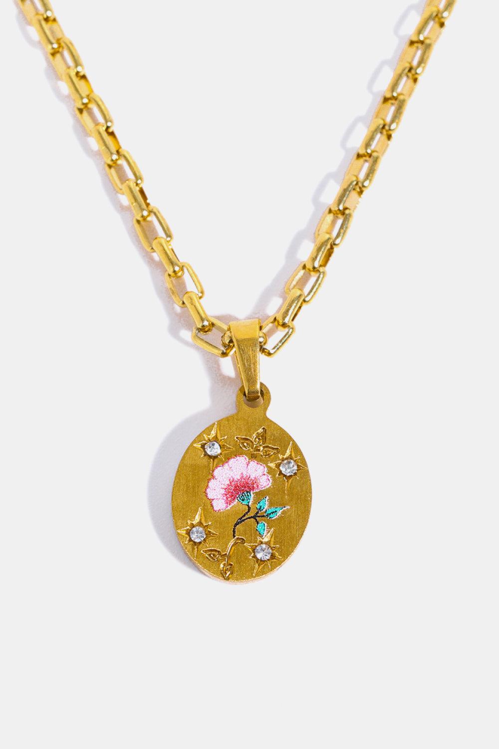 Stainless Steel 18K Gold-Plated Necklace Pink Floral One Size