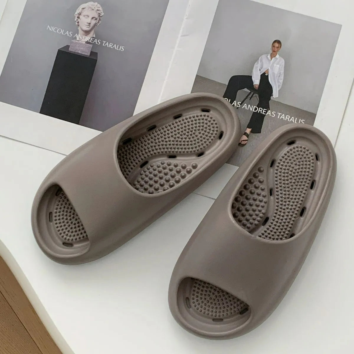 Open Toe Platform Slippers Taupe