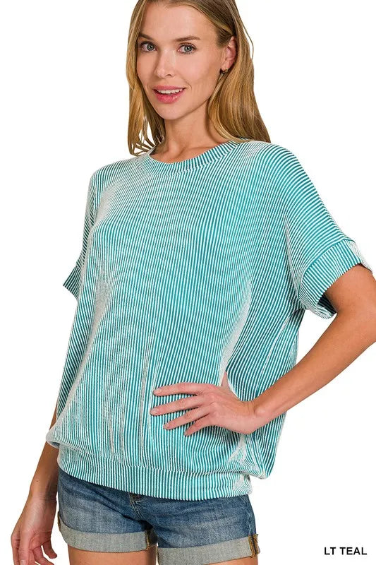 Zenana Corded Rib Short Sleeve T-Shirt LT TEAL