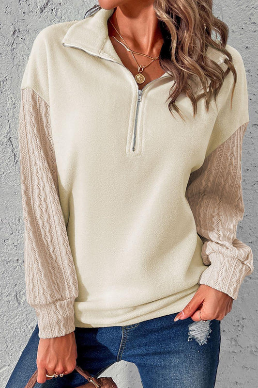 Half Zip Textured Patchwork Drop Shoulder Sweatshirt Beige