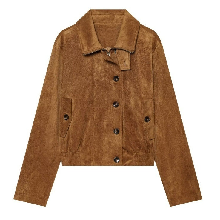 A cropped brown suede jacket with a collar, front button closure, and side pockets, shown flat on a white background.