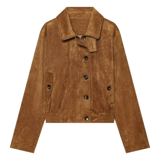 A cropped brown suede jacket with a collar, front button closure, and side pockets, shown flat on a white background.