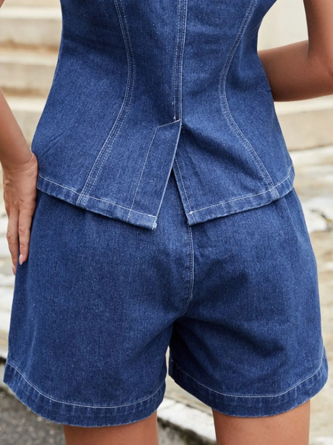 Button Down Vest and Shorts Denim Set Blue Shorts