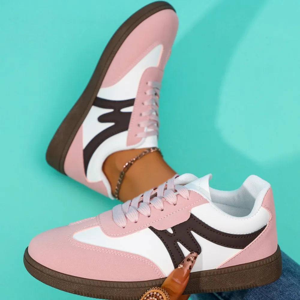 Lace Up Contrast Round Toe Flat Sneakers Pink