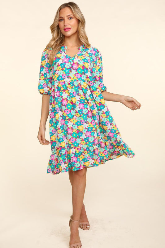 Haptics Bubble Sleeve Floral Ruffled Dress Mint Fuchsia