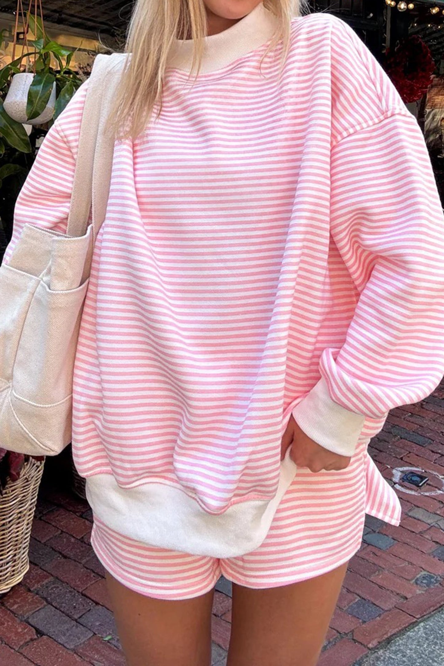 Stripe Oversize Mock Neck Sweatshirt & Shorts Set