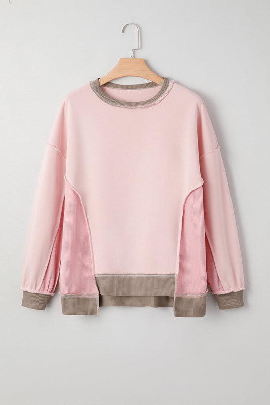 Colorblock Waffle Knit Patchwork Reverse Seam Oversize Sweatshirt