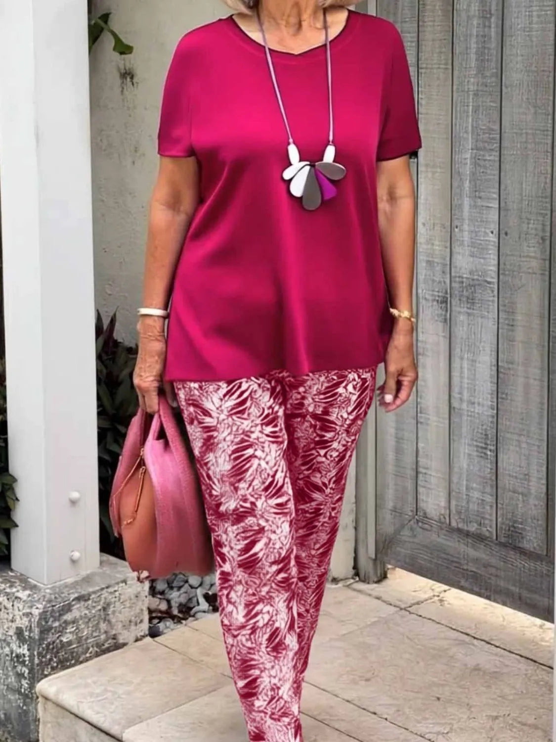 Full Size Round Neck Short Sleeve Top and Pants Set Plus Size