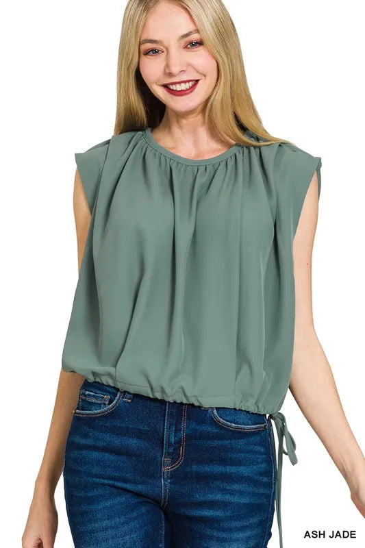 Zenana Woven Drawstring Tie Side Sleeveless Top ASH JADE