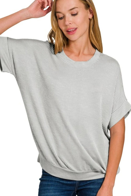 Zenana Corded Rib Short Sleeve T-Shirt LT GREY