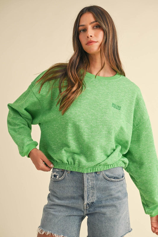 Mable Round Neck Letter Embroidery Crop Sweatshirt Apple Green