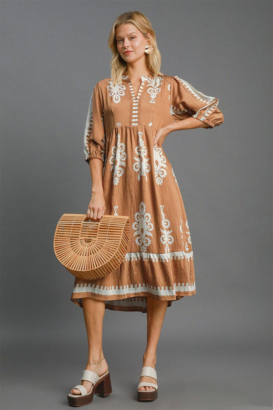Umgee Full Size Printed Notched Midi Dress Mocha