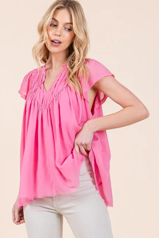 Lime 'N' Chili Solid Shirred Flutter Sleeve Chiffon Blouse