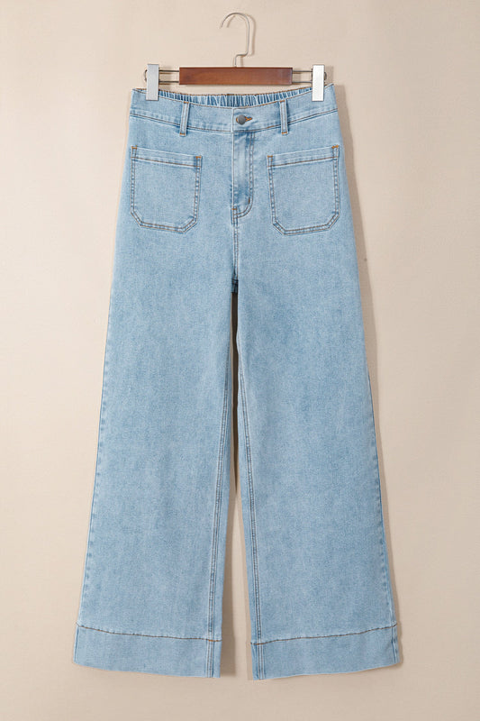 Solid Denim Patch Pocket Straight Leg Jeans