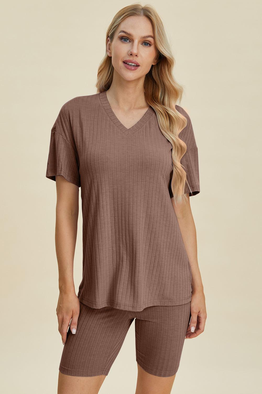 Basic Bae Full Size Ribbed V-Neck Short Sleeve Top and Shorts Set Taupe M