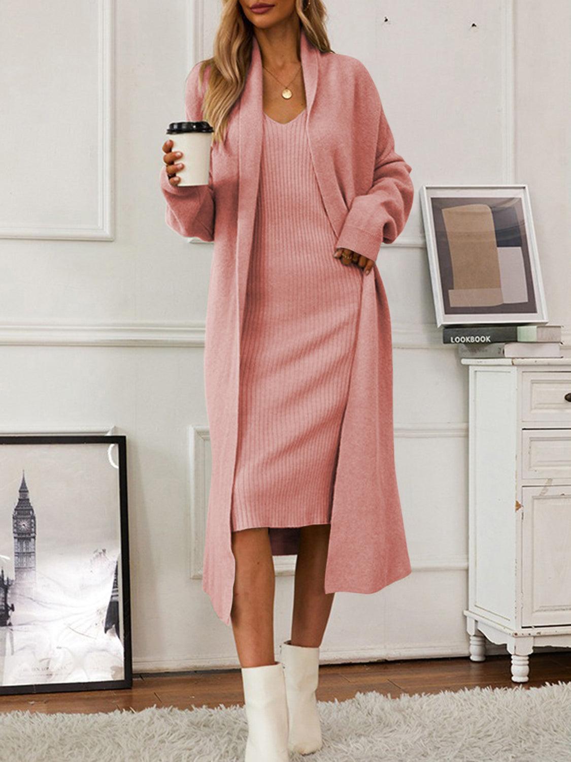 V-Neck Cami Dress and Open Front Cardigan Sweater Set Dusty Pink One Size