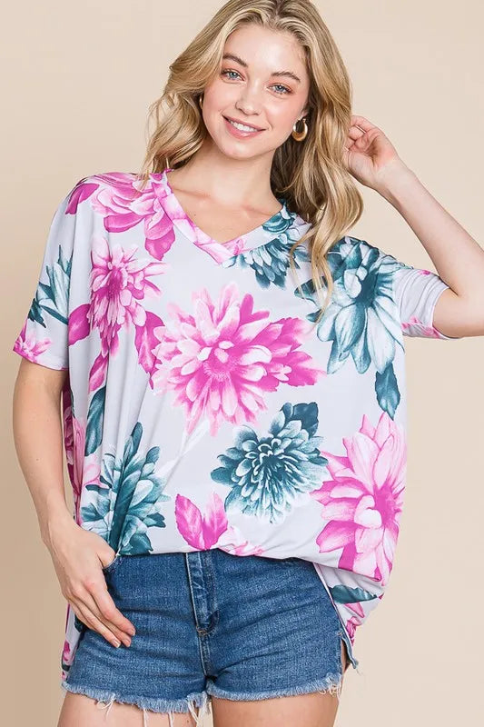 BOMBOM Floral V-Neck Short Sleeve T-Shirt Floral