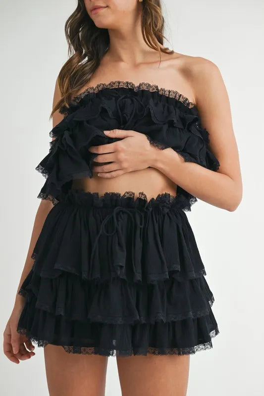 MABLE Ruffle Layered Crop Top and Mini Skirt Set