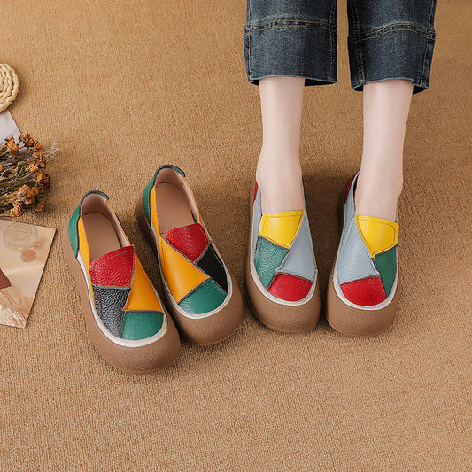 Women's Genuine Leather Patchwork Color-Block Loafers | Slip-On Round Toe Low Heel Shoes