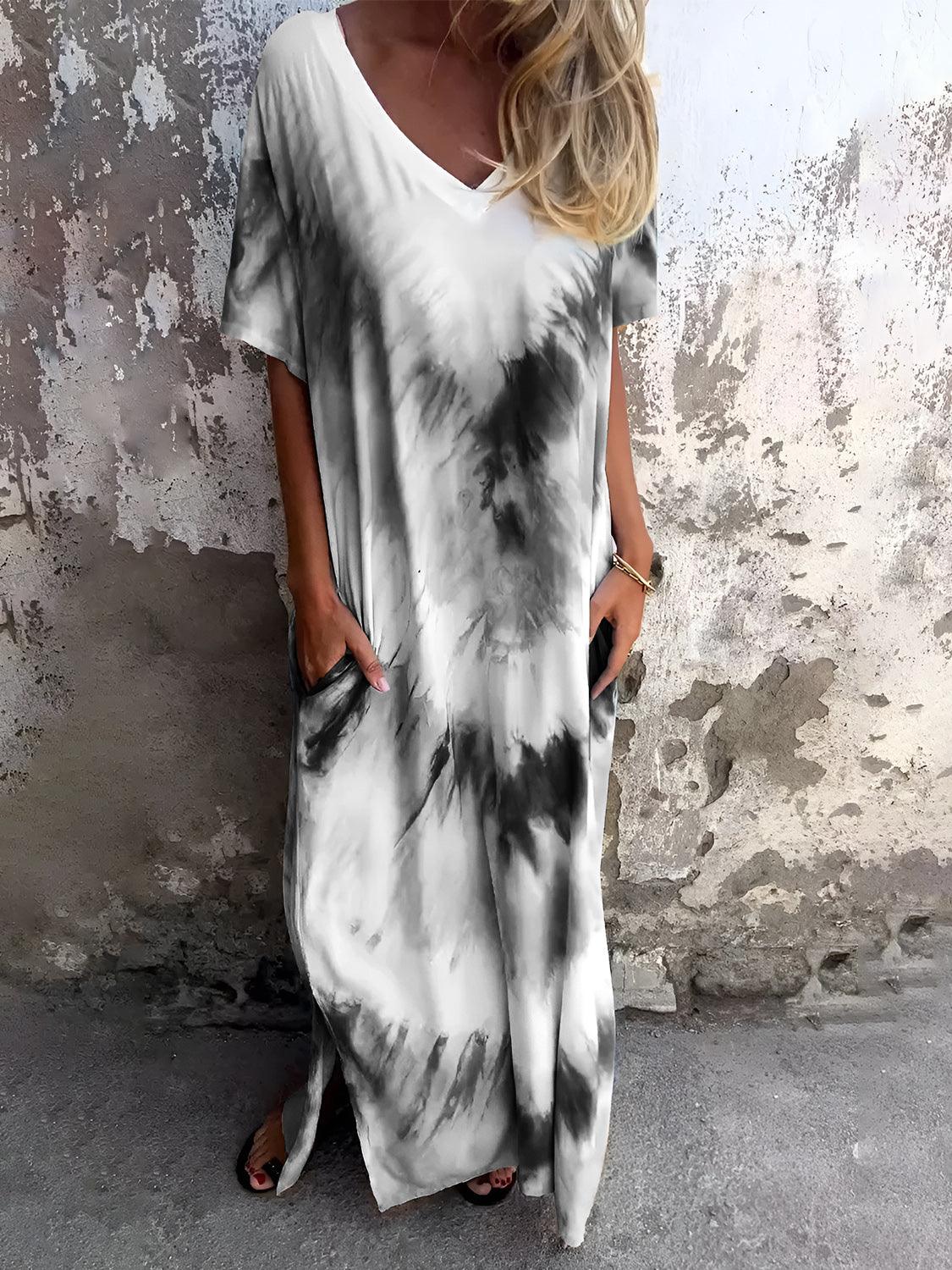 Full Size Pocketed Tie-Dye Short Sleeve Dress Dark Gray