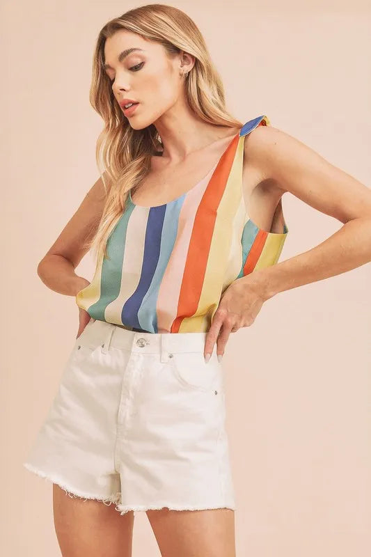 Aemi + Co Contrast Striped Scoop Neck Tie Shoulder Tank Blue Yellow Red
