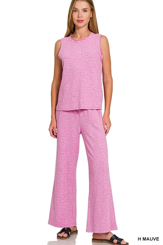 Zenana Cotton Slub Tank & Pants Set H MAUVE