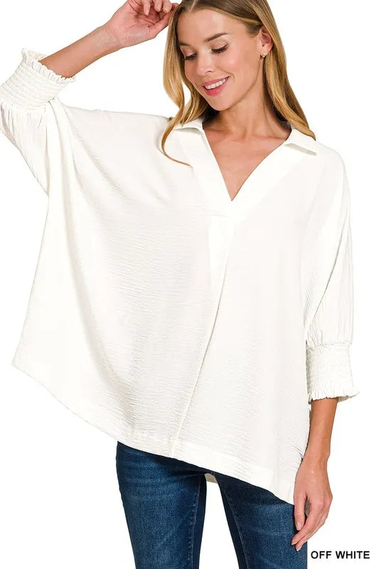Zenana Airflow Collar Tee with Smocked Sleeve Band Top OFF WHITE