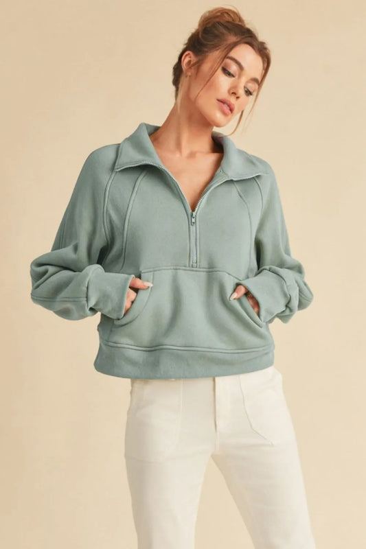 Aemi + Co Half Zip Raglan Sleeve Sweatshirt with Kangaroo Pocket Pale Blue