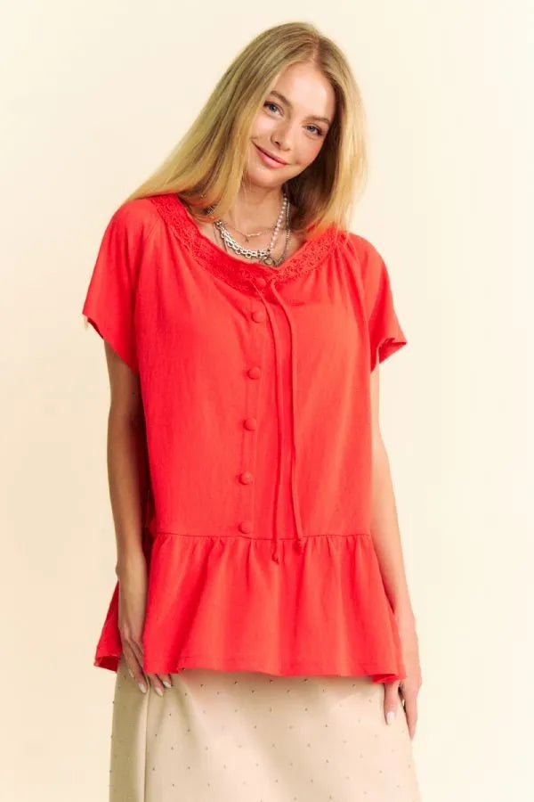 Davi & Dani Solid Lace Trim Neck Short Sleeve Peplum Top