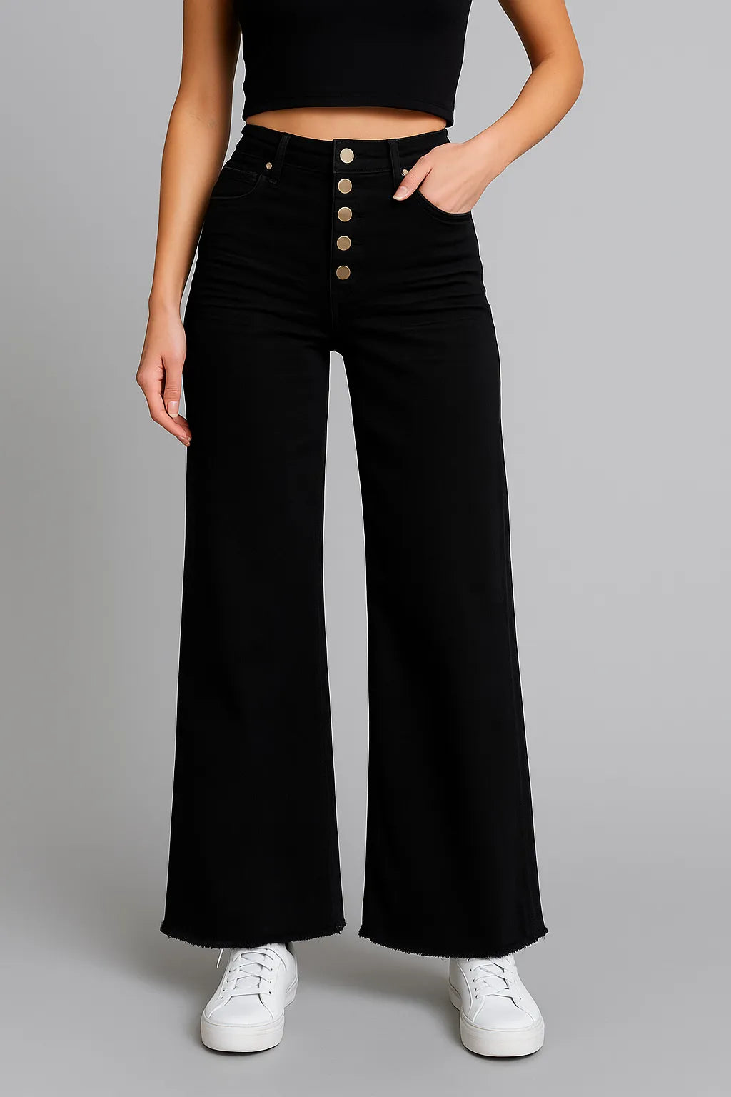 Mittoshop Twill High Waisted Button Fly Wide Leg Pants