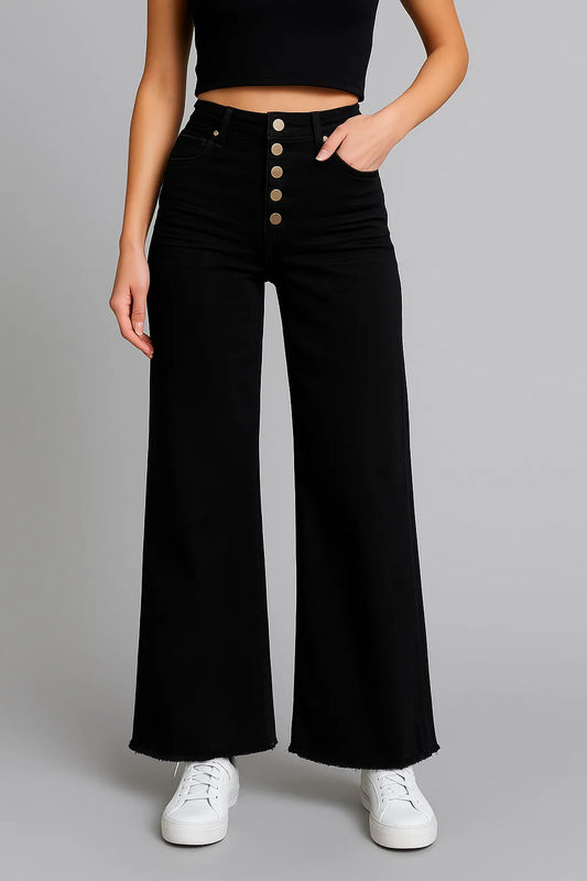 Mittoshop Twill High Waisted Button Fly Wide Leg Pants