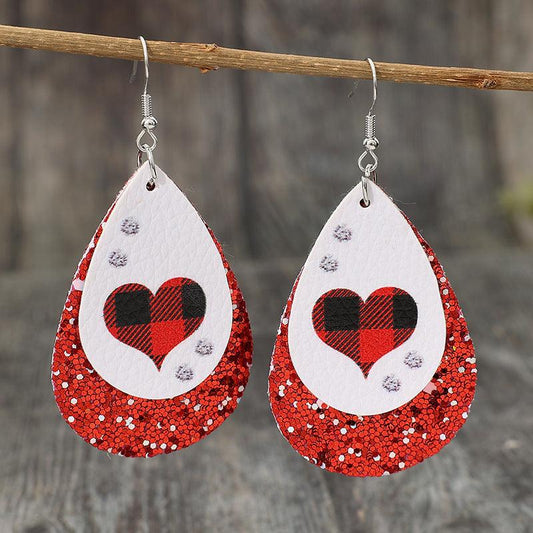 Heart Sequin Leather Teardrop Earrings Red One Size