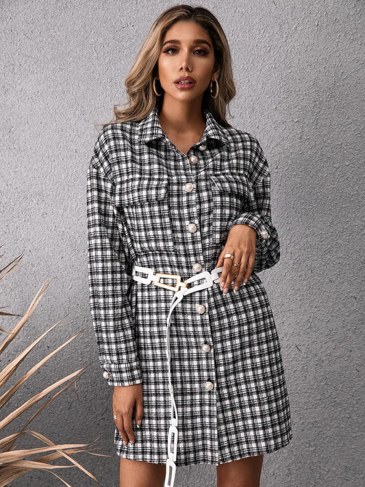 Ivy Lane Pocketed Plaid Long Sleeve Mini Dress Black