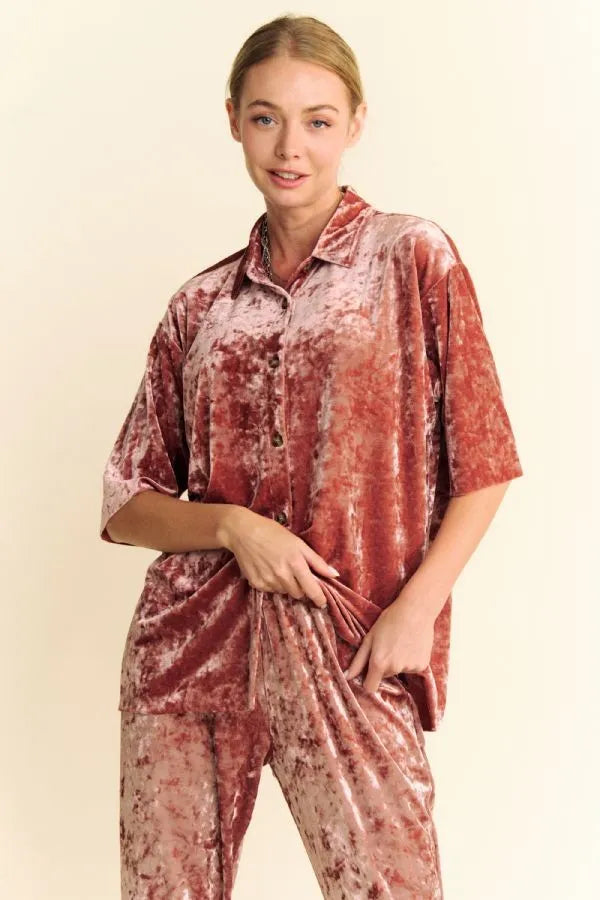 Davi & Dani Crushed Velvet Button Front Easy Lounge Shirt Top