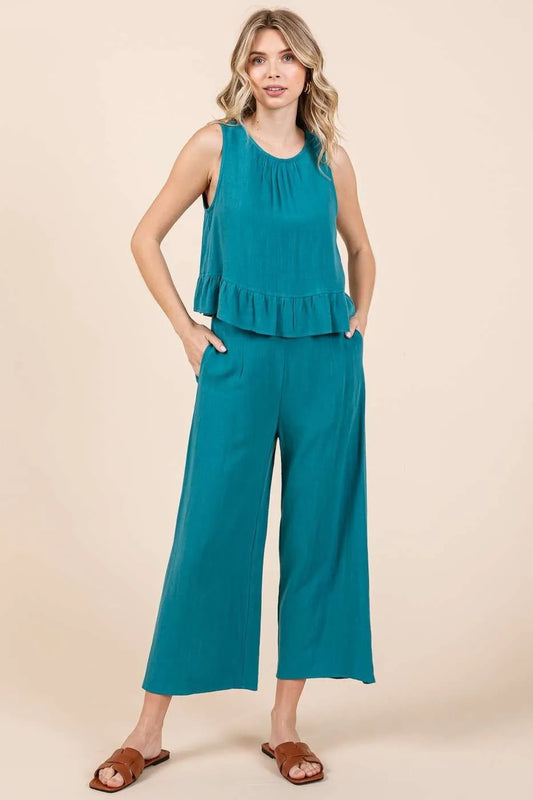 Mittoshop Linen Ruffle Tank Top and Pants Set TEAL