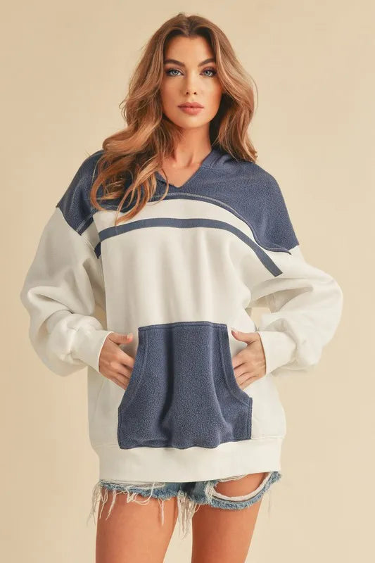 Aemi + Co Color Block Drop Shoulder Hoodie with Kangaroo Pocket