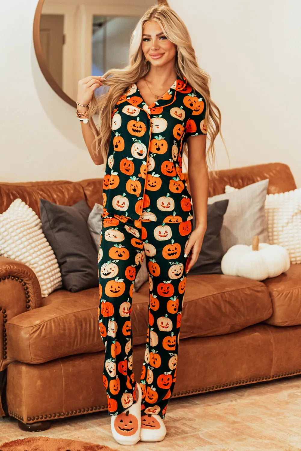 Pumpkin Printed Short Sleeve Top and Pants Lounge Set Orange