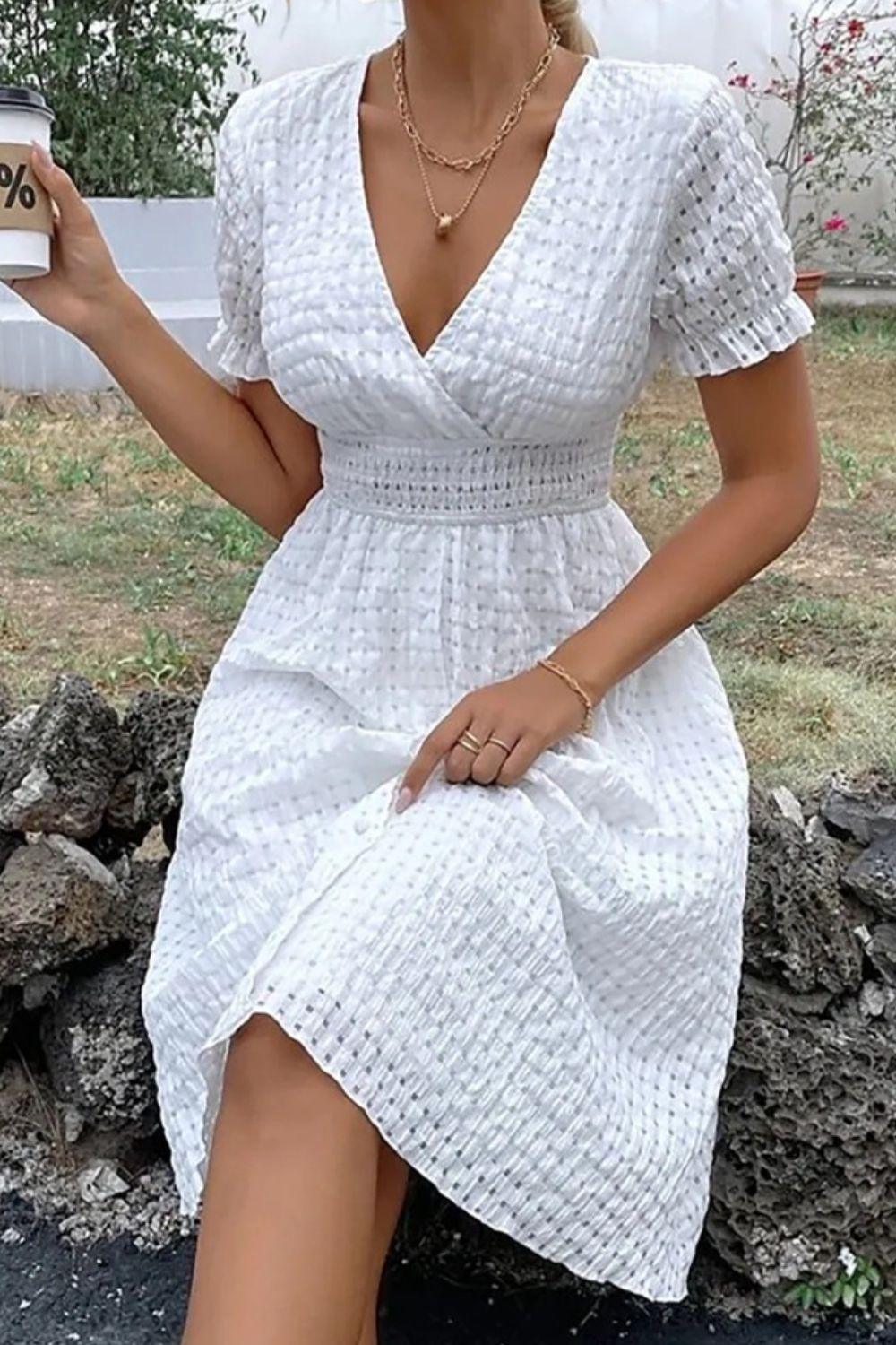 Textured Surplice Short Sleeve Dress White