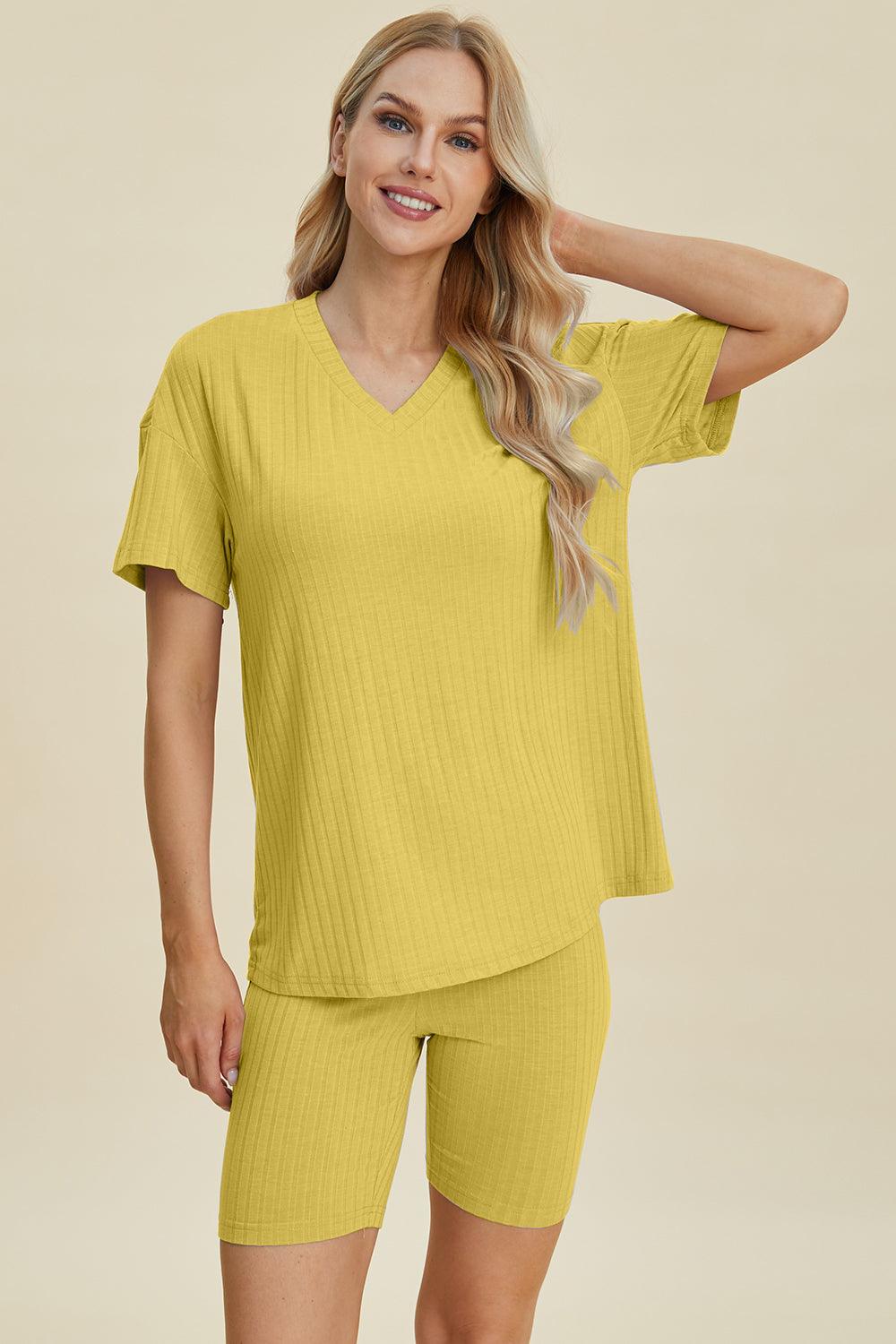 Basic Bae Full Size Ribbed V-Neck Short Sleeve Top and Shorts Set Yellow