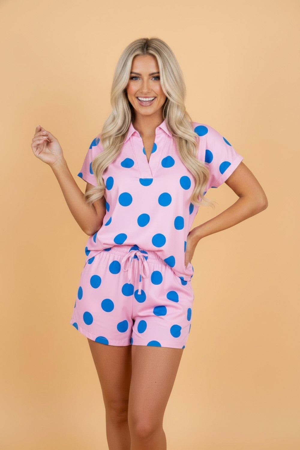 Polka Dot V-Neck Tee & Drawstring Shorts Set