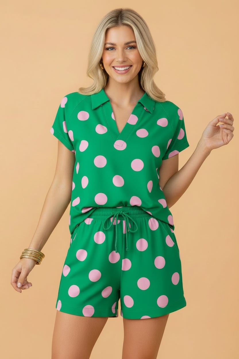 Polka Dot V-Neck Tee & Drawstring Shorts Set