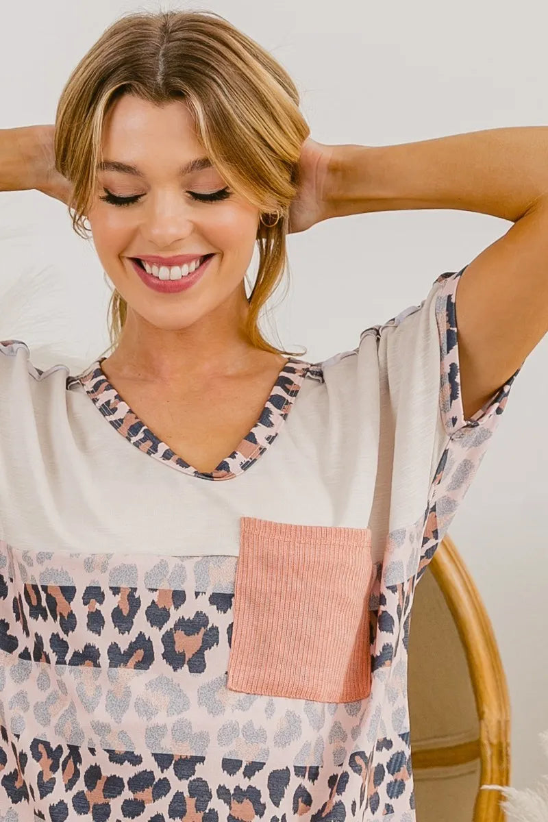 BiBi Leopard Stripe with Slub Terry Color Block T-Shirt