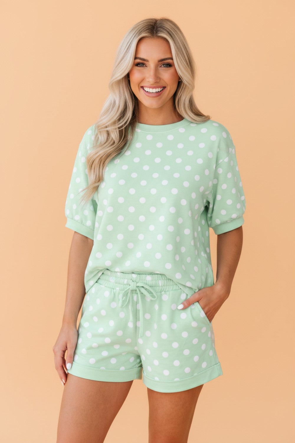 Polka Dot Oversized Top & Drawstring Shorts Set